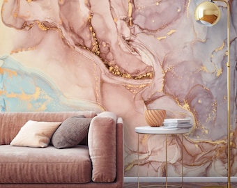 Carta da parati murale astratta in oro rosa non metallizzato, staccabile e rimovibile o tradizionale, grande murale decorativo