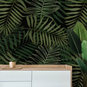 Dark tropical wallpaper palm leaves on black Peel and stick removable or Traditional accent wallpaper