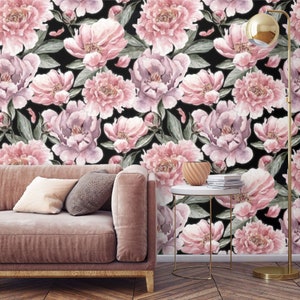 Carta da parati floreale grandi fiori acquerellati Stacca e attacca rimovibile o Carta da parati decorativa tradizionale fiori color malva pastello