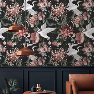 Floral wallpaper crane Removable Peel and stick or Traditional Chinoiserie style accent wallpaper birds