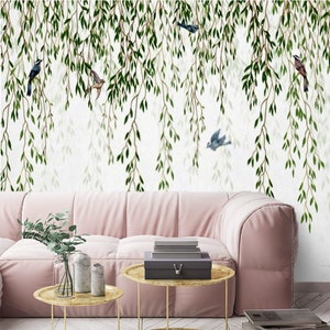 Botanische Tapete Wandbild Weidenblätter und Vögel Garten Wandbild