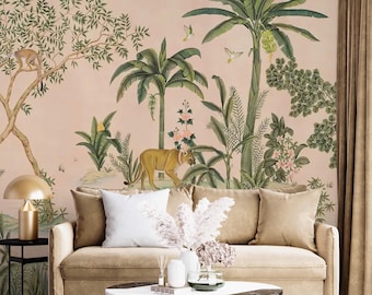 Jungle wall mural wildlife animals wallpaper Tropical peel and stick removable accent wall mural