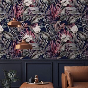 Donker bloemenbehang bladeren en bloemen Peel and stick verwijderbaar of traditioneel accentbehang