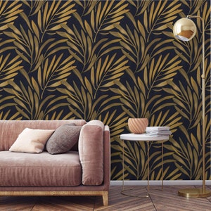 Luxury wallpaper leaves black gold non metallic Peel and stick removable or Traditional wallpaper