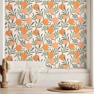 Botanical wallpaper oranges Peel and stick removable or Traditional accent wallpaper