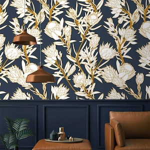 Dark floral wallpaper protea flowers Peel and stick removable or Traditional non woven wallpaper