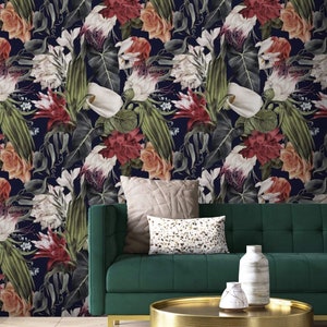 Donker bloemenbehang Peel-and-Stick verwijderbaar of traditioneel accentbehang exotische bloemen