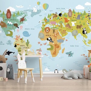 Papier peint amovible carte du monde pour enfants ou décoration murale traditionnelle Sticker chambre de bébé