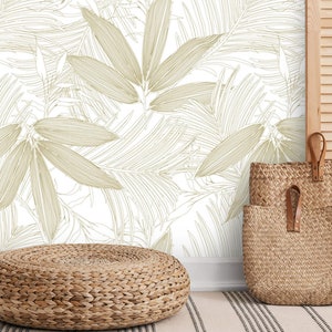 Tropical wallpaper minimalist palm leaves neutral Peel and stick removable or Traditional