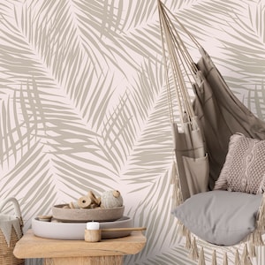 Tropical wallpaper neutral palm leaves Peel and stick minimalist botanical or Traditional accent wallpaper