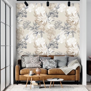 Floral wallpaper peony flowers neutral Peel and stick self adhesive or Traditional accent wallpaper