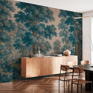Vintage forest wallpaper, Woodland mural, scenic trees antique style forest