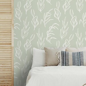 Delicate Leaves Sage Green Wallpaper Peel and Stick or | Etsy
