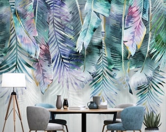 Tropical wallpaper mural Colorful large palm leaves Peel and stick removable or Traditional accent wall mural