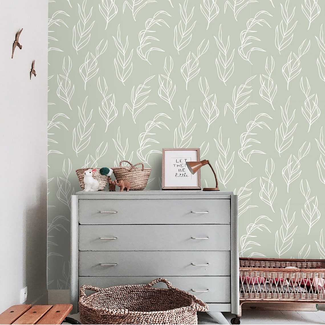 Delicate Leaves Sage Green Wallpaper Peel and Stick or | Etsy