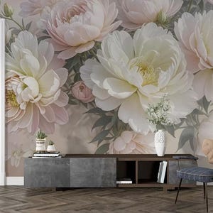 Large flowers wall  mural | Floral wallpaper | Peel and stick removable or Traditional accent wall decor