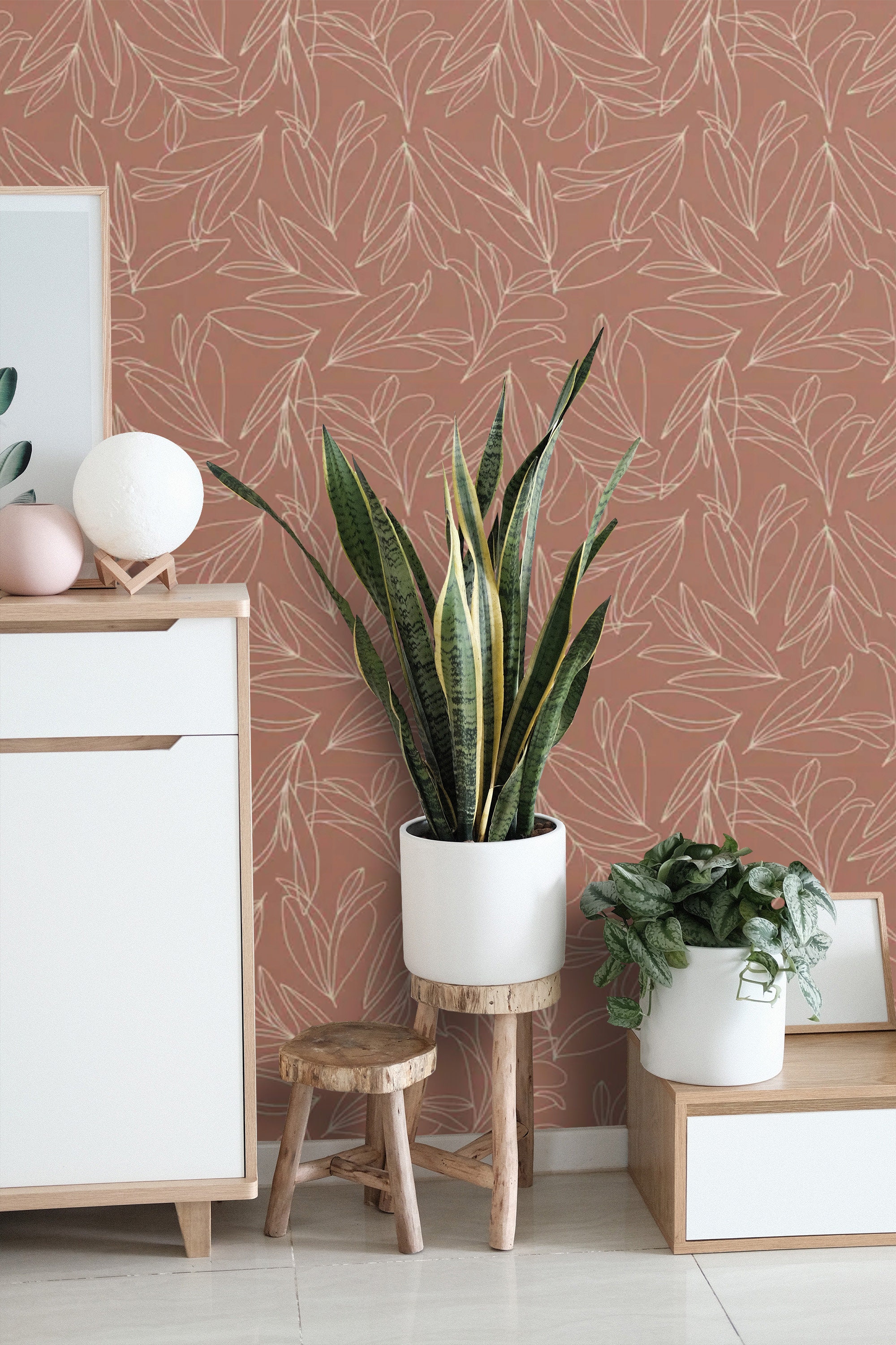 Modern Wallpaper Terracotta Peel and Stick Botanical Wallpaper | Etsy