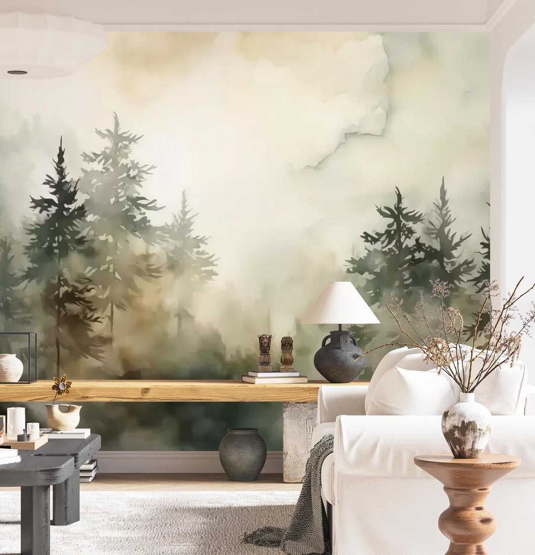Watercolor Forest Wallpaper Foggy Forest Wall Mural Peel and Stick ...