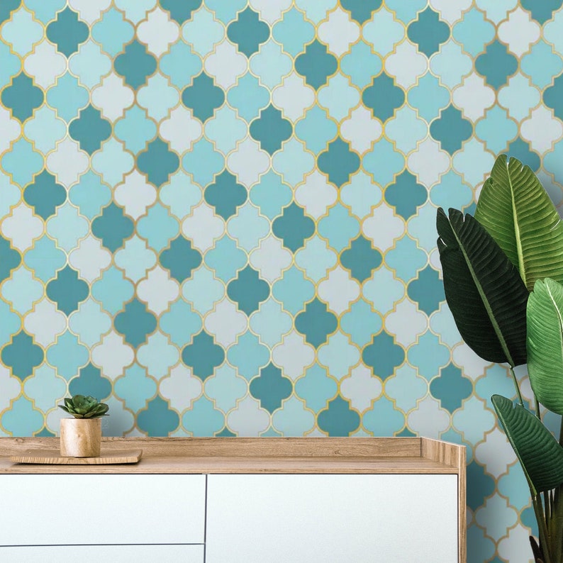 Peel and Stick Moroccan Wallpaper Mural Teal Blue Gold | Etsy