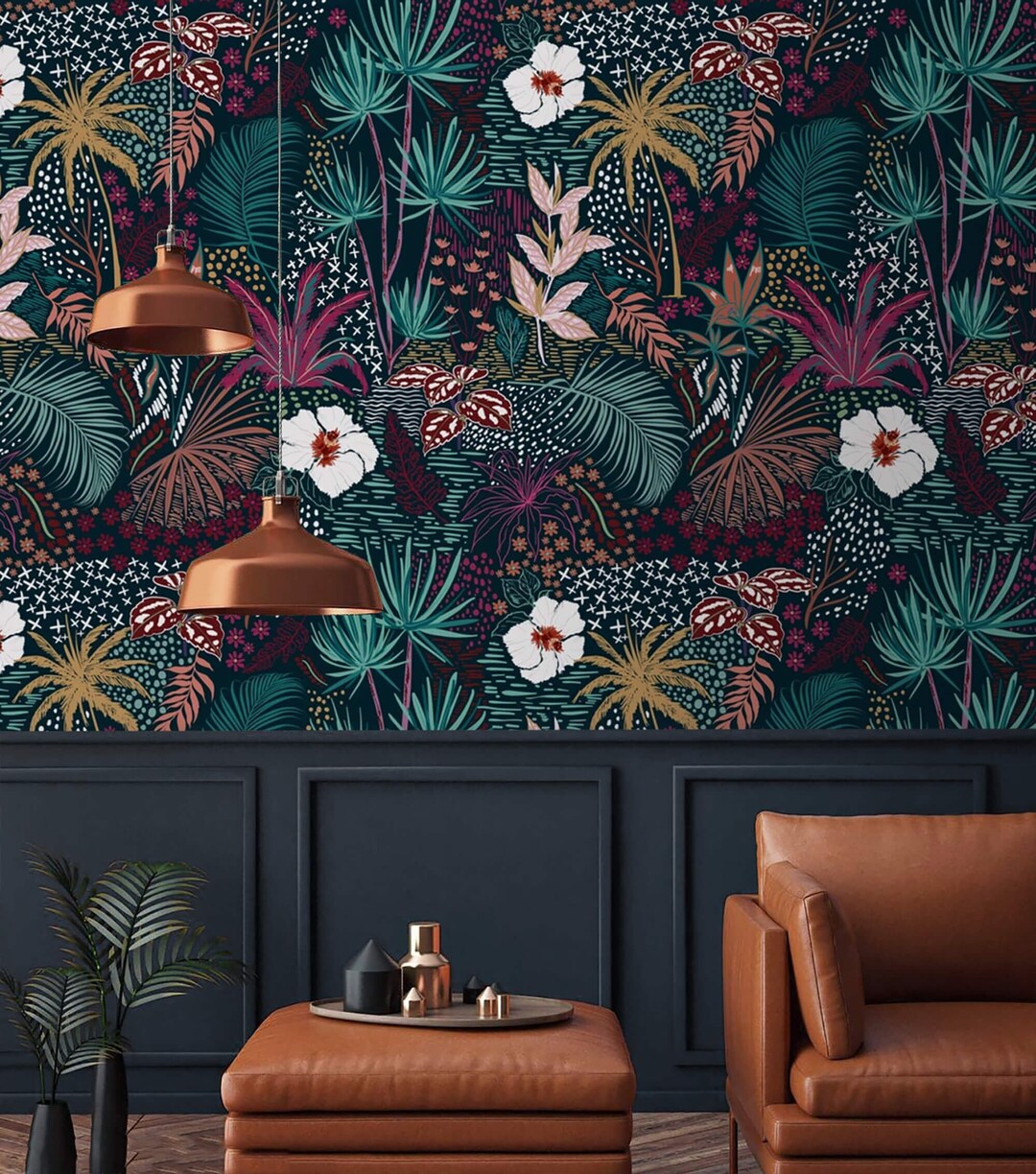 Dark Tropical Wallpaper Exotic Flowers and Leaves Peel and Stick ...