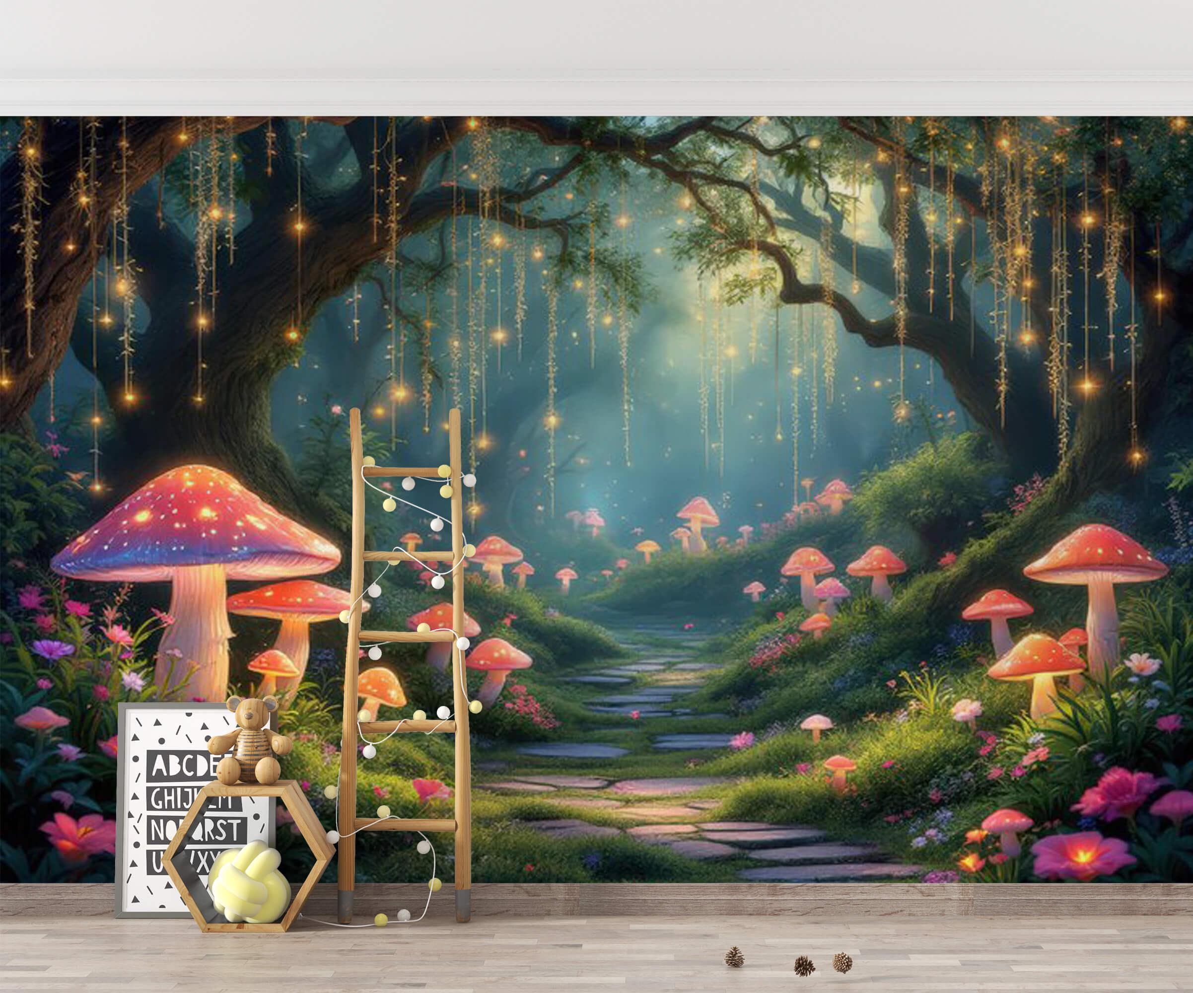 Fairy forest wallpaper kids Mushroom wonderland wall mural Peel and stick accent wall decal