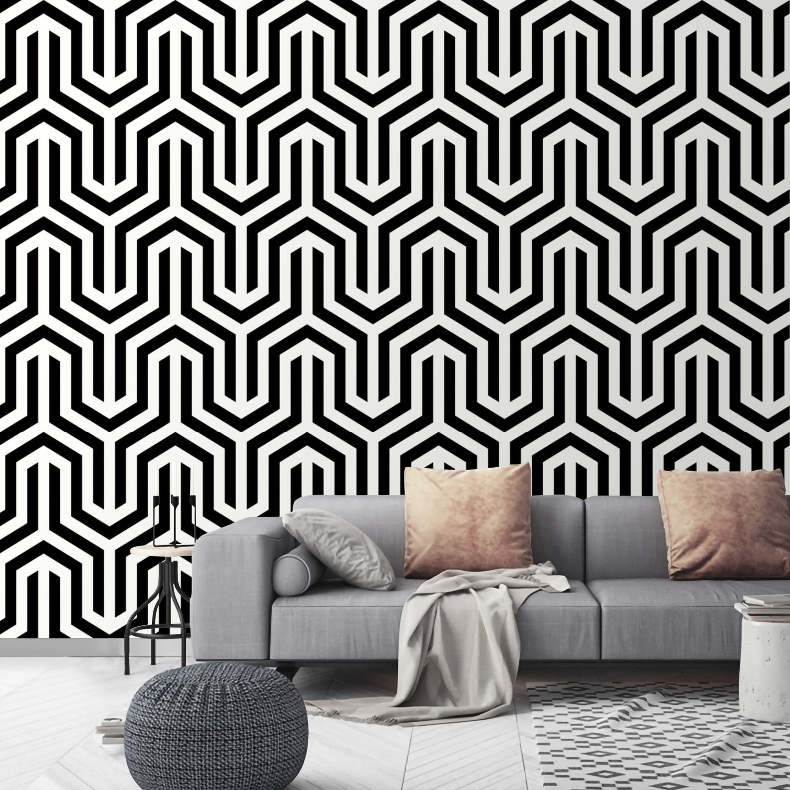Art Deco Wallpaper Black White Geometric Peel and stick Etsy