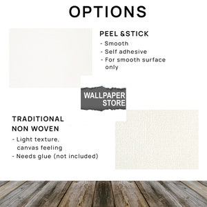 May include: A comparison of three wallpaper options: Peel & Stick, Traditional Non Woven, and a textured wallpaper. The Peel & Stick option is smooth and self-adhesive. The Traditional Non Woven option has a light texture and requires glue. The textured wallpaper is a sample of the material.