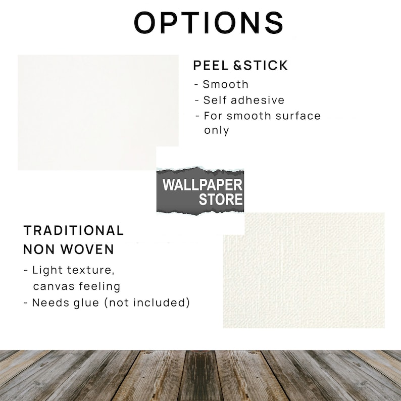 May include: A comparison of three wallpaper options: Peel & Stick, Traditional Non Woven, and a textured wallpaper. The Peel & Stick option is smooth and self-adhesive. The Traditional Non Woven option has a light texture and requires glue. The textured wallpaper is a sample of the material.