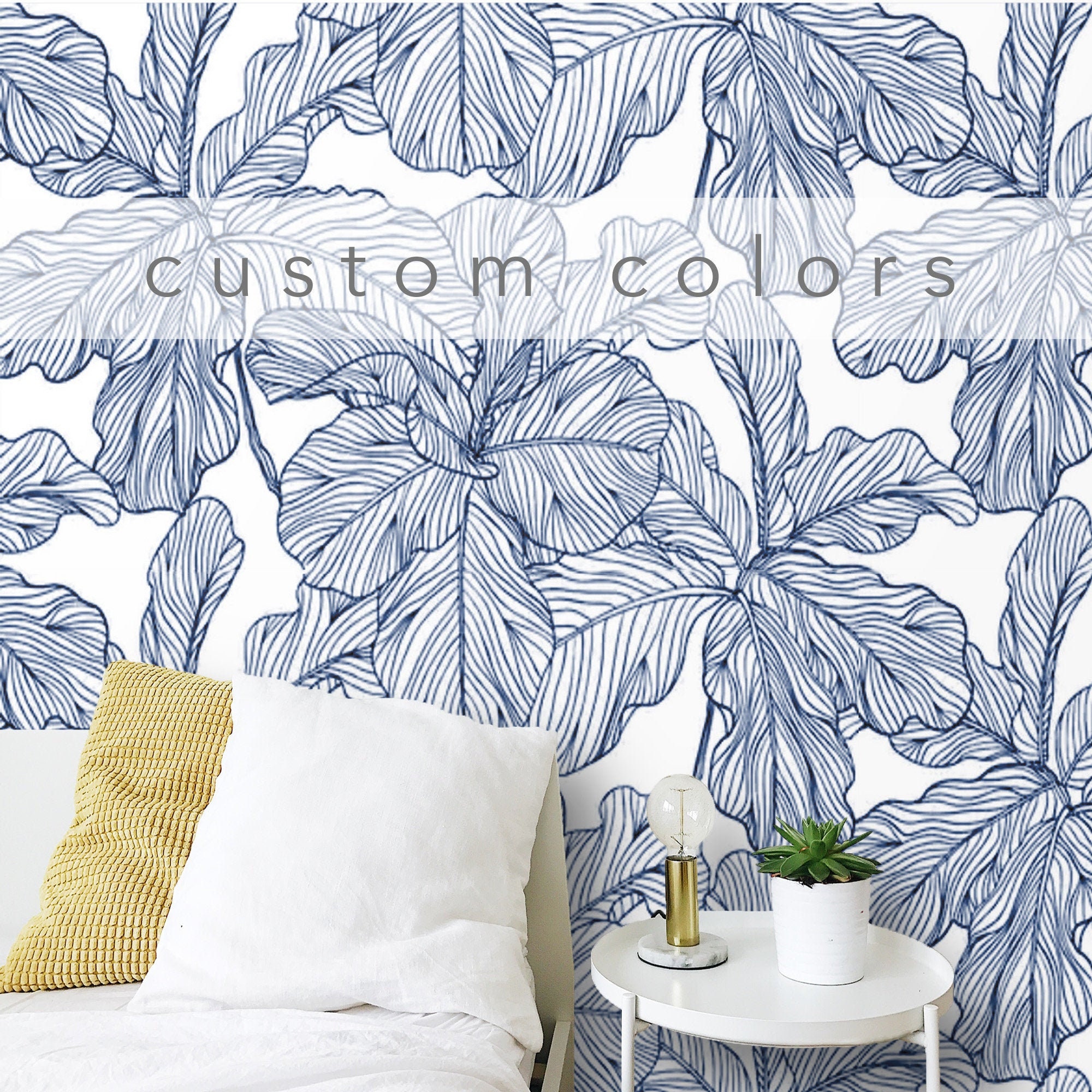 Peel and stick Wallpaper Leaves Blue and White Removable Self Etsy