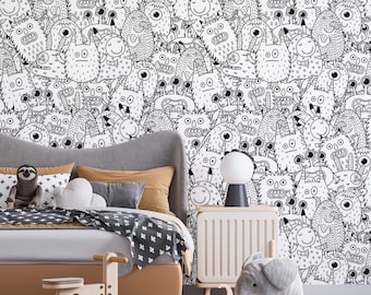 Kids wallpaper funny monsters Peel and stick removable or Traditional doodle wallpaper