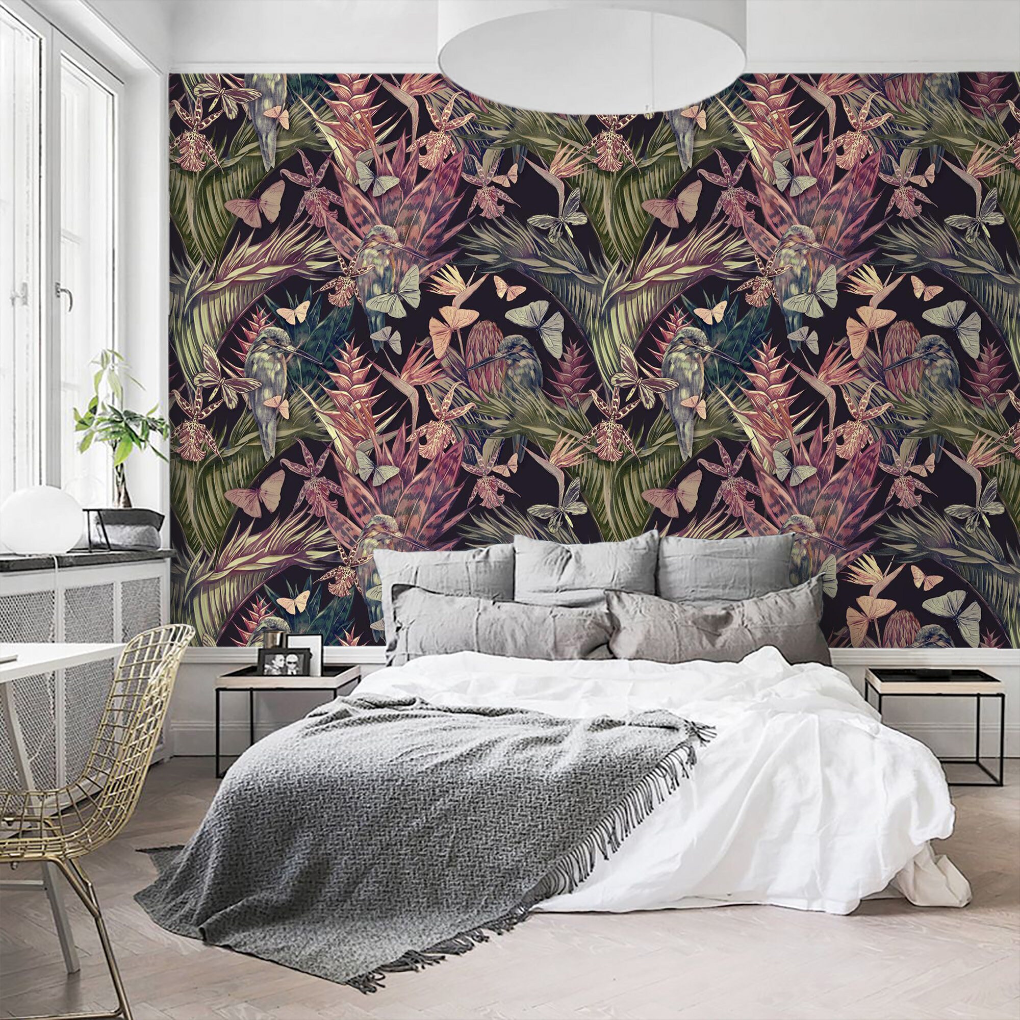 Tropical Floral Wallpaper Hummingbirds Butterflies Wall Paper | Etsy