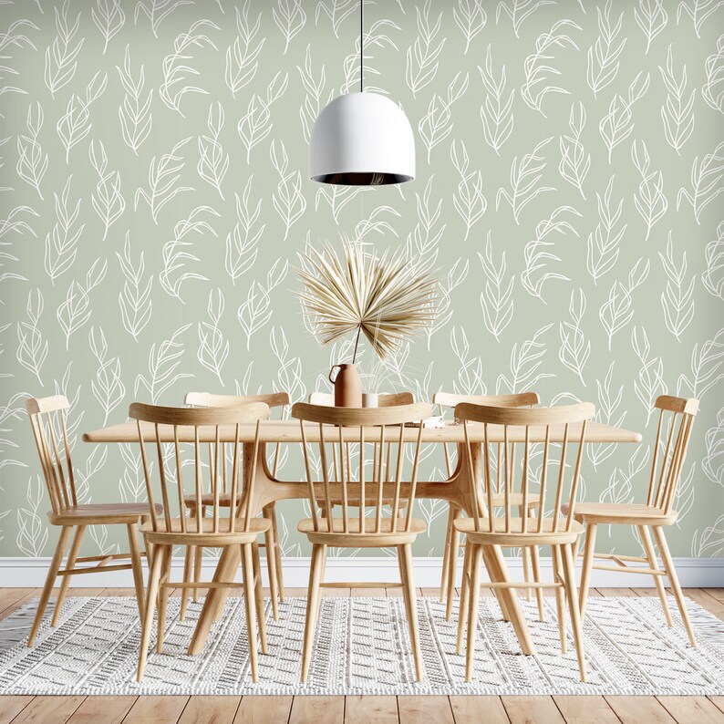 Delicate Leaves Sage Green Wallpaper Peel and Stick or | Etsy