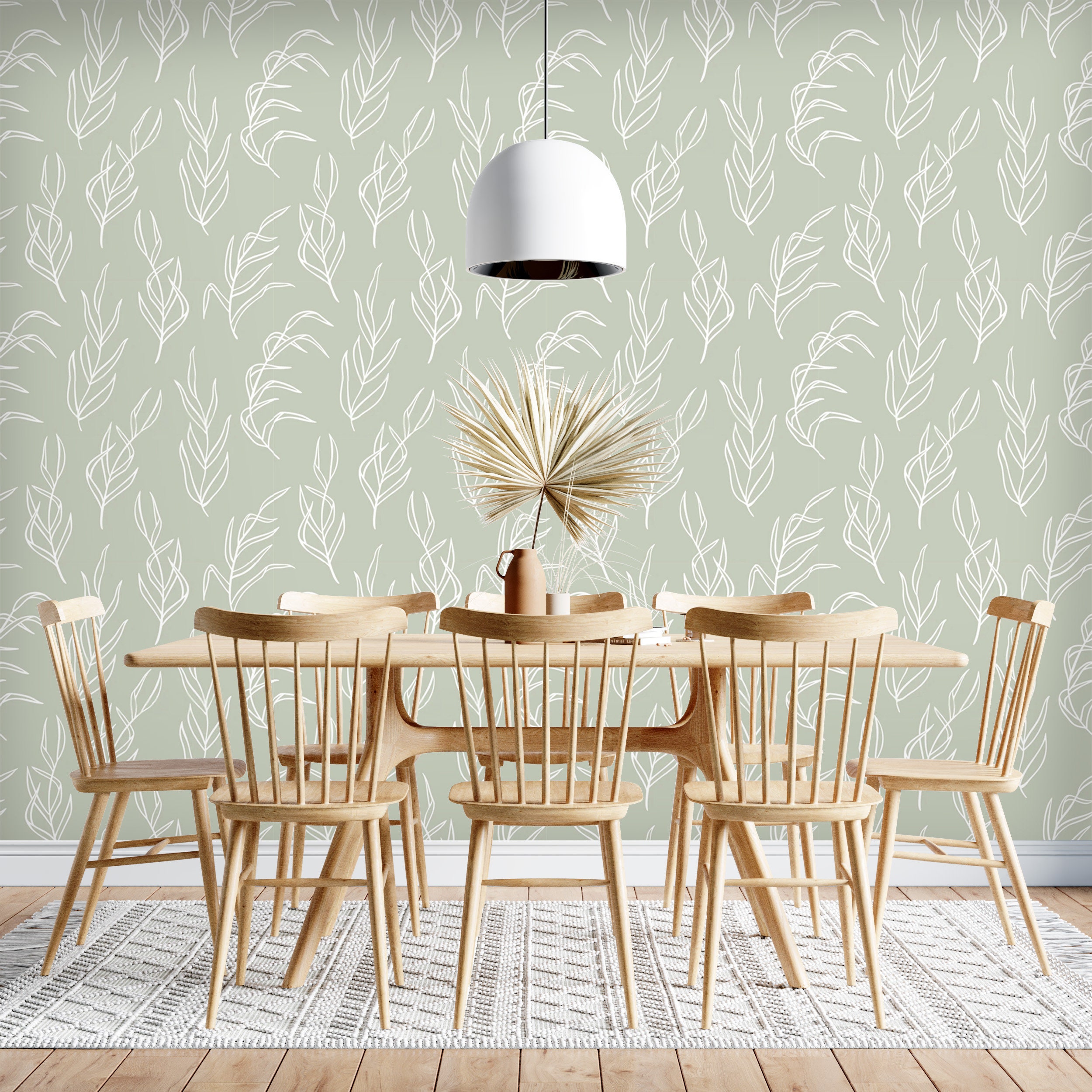Delicate Leaves Sage Green Wallpaper Peel and Stick or | Etsy