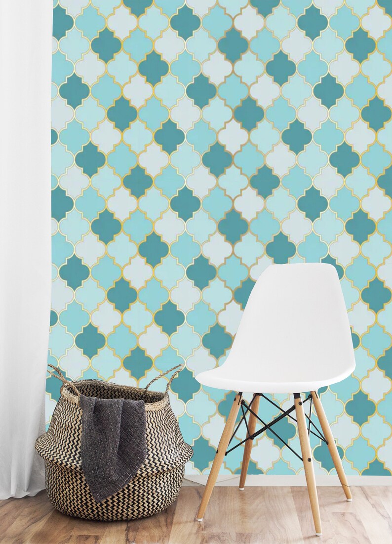 Peel and Stick Moroccan Wallpaper Mural Teal Blue Gold | Etsy