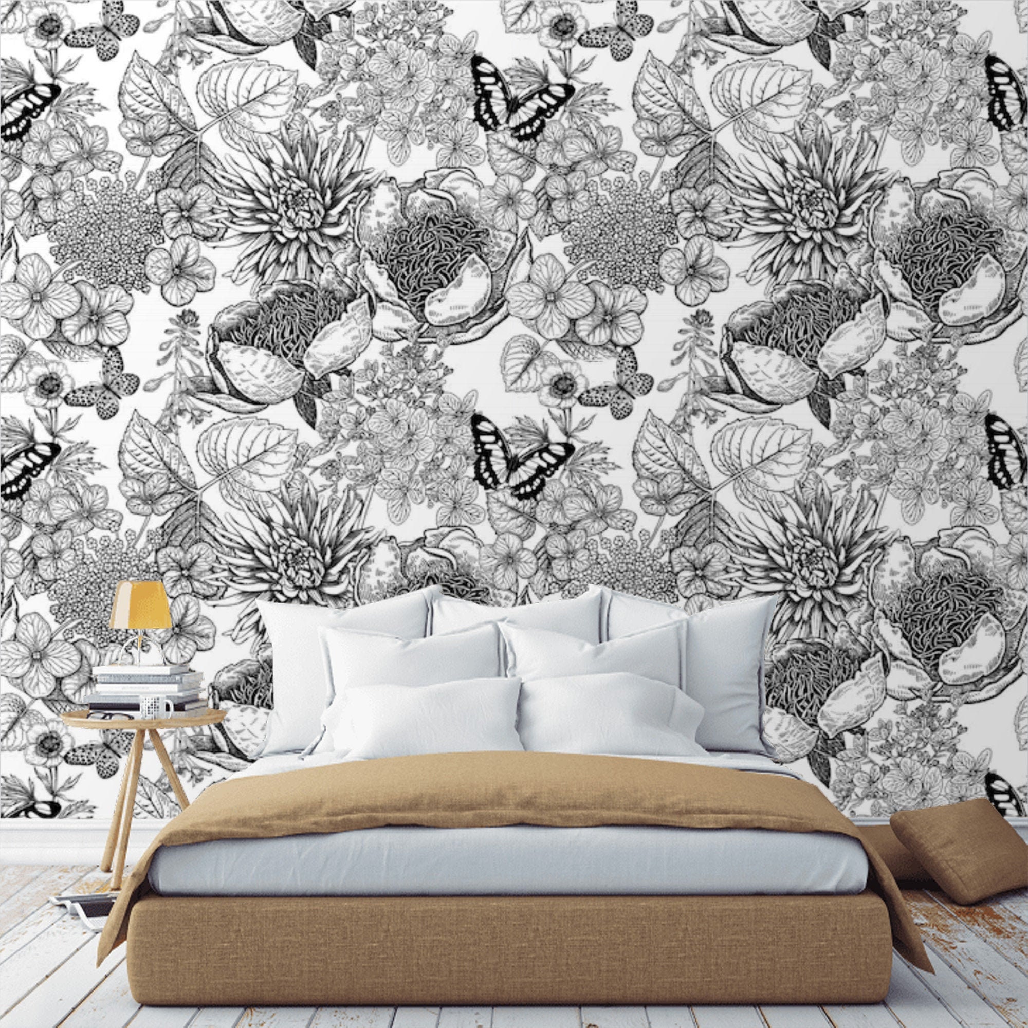 Floral Wallpaper Black and White Botanical Wall Paper | Etsy