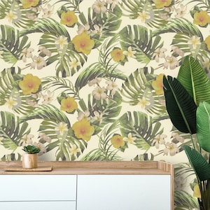 Tropische Vintage Tapete Schälen und aufkleben oder Traditionelle Tapete Palmenblätter und Blumen