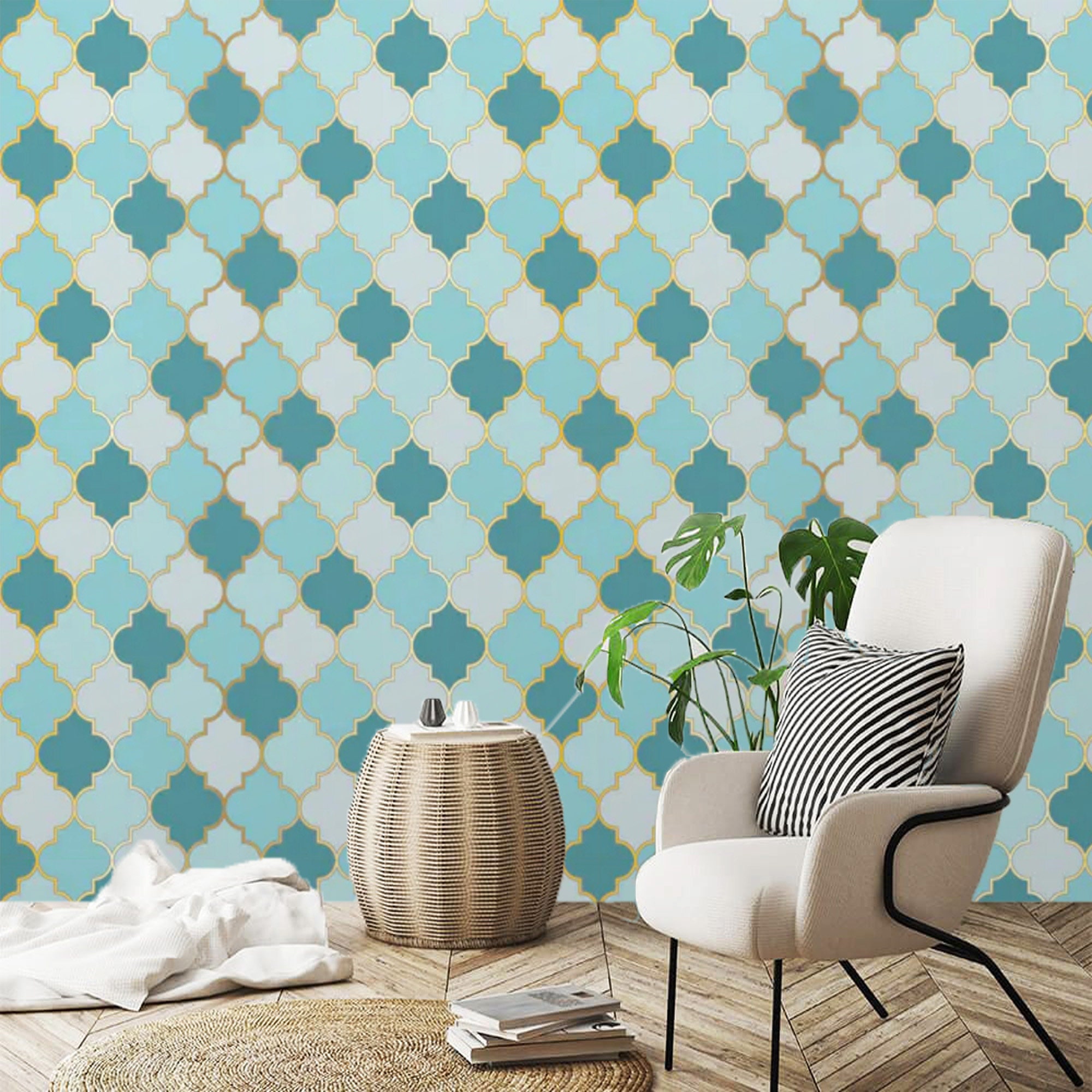 Peel and Stick Moroccan Wallpaper Mural Teal Blue Gold Etsy