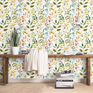 Wallpaper leaves Peel and stick removable or Traditional Watercolor colorful leaves Botanical accent wallpaper