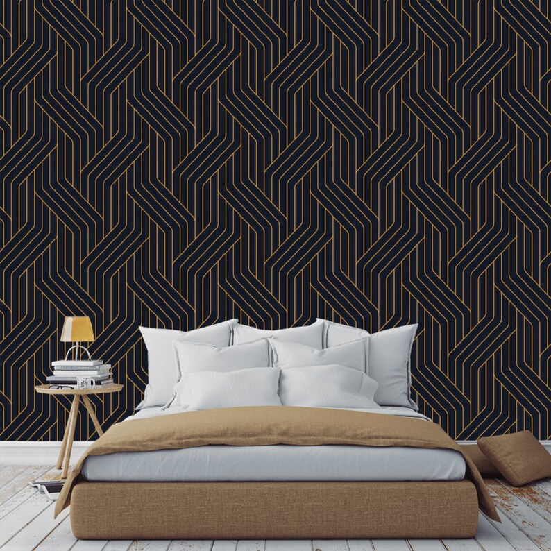 Peel and stick Art Déco Black Gold Non Metallic Wallpaper Self Etsy