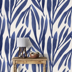 Abstract leaves wallpaper blue watercolor Peel and stick removable or Traditional accent wallpaper