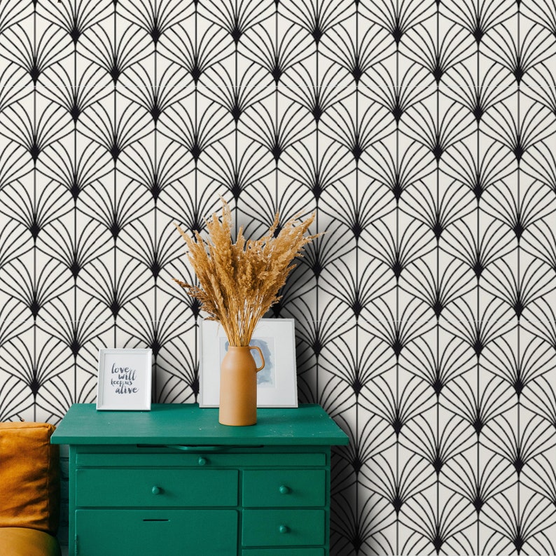 Peel and stick Art Deco Wallpaper Black and White Modern Self | Etsy