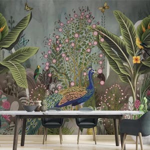 Tropisch junglebehang | Muursticker pauw en papegaai | Botanische exotische muurdecoratie | Peel-and-Stick eetkamerbehang