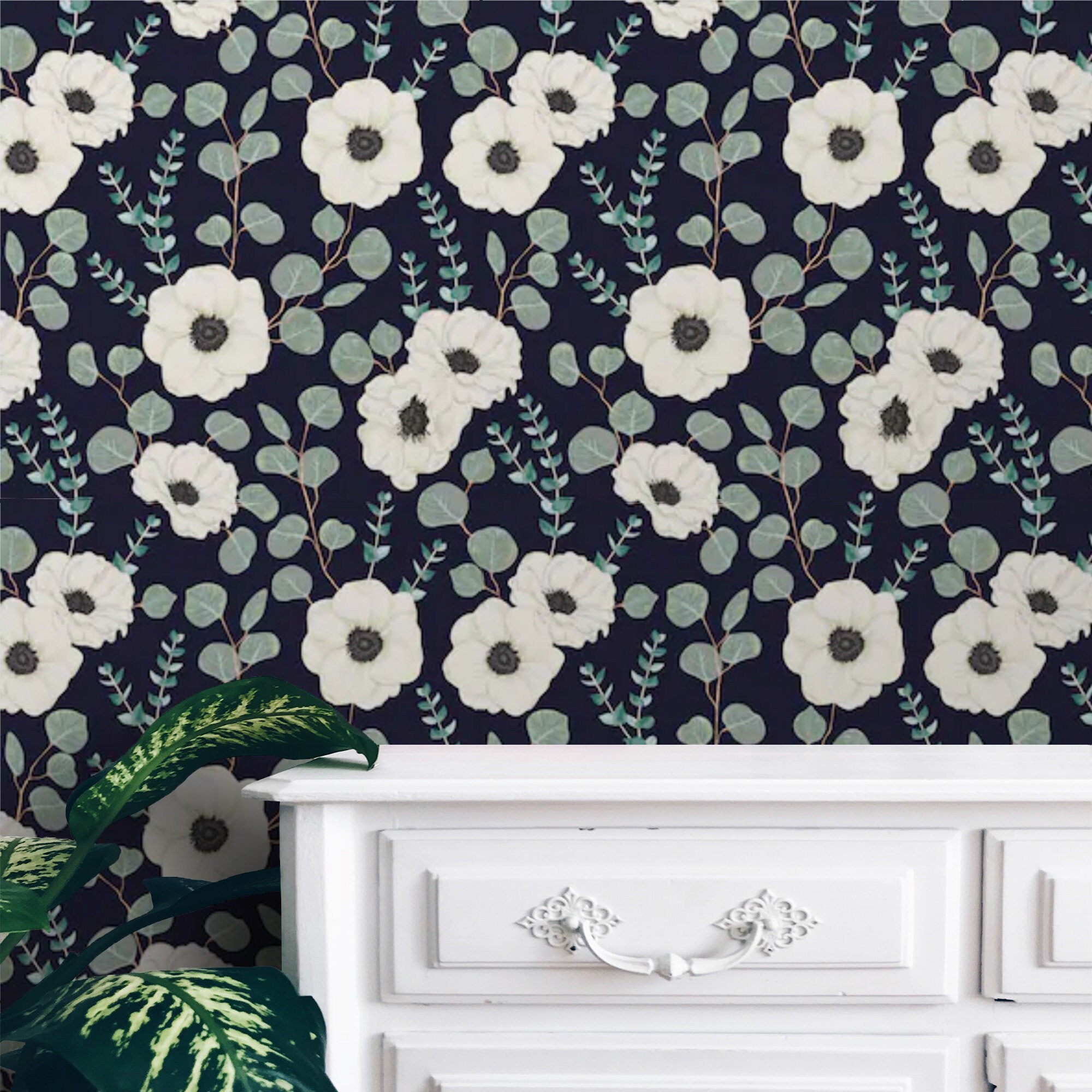 Removable Dark Floral Wallpaper Mural Peel and Stick Wallpaper | Etsy