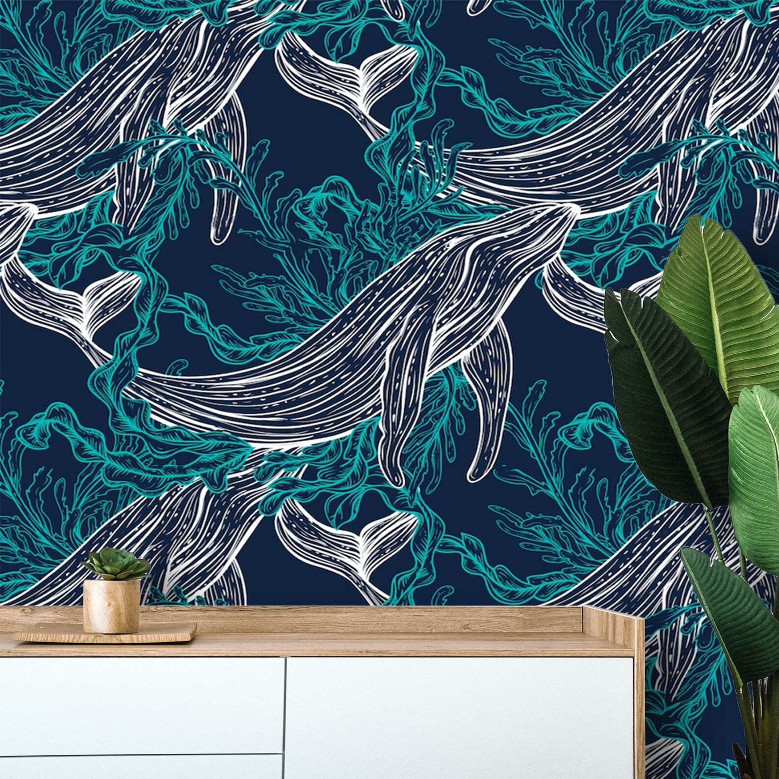 Wallpaper Nautical Peel and stick Wall Paper Whale Underwater | Etsy