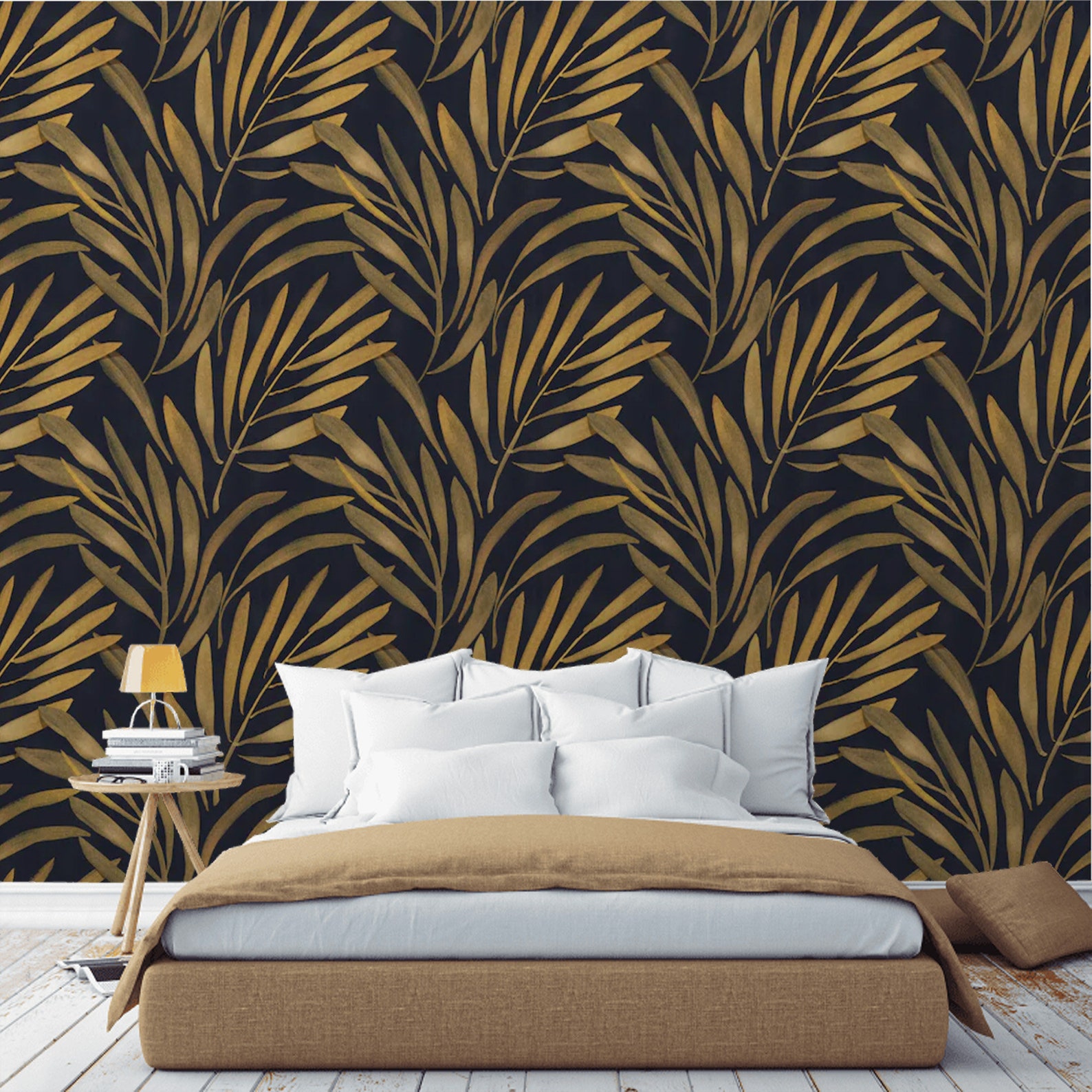 Peel and Stick Wallpaper Mural Black Gold Leaves Hand painted | Etsy