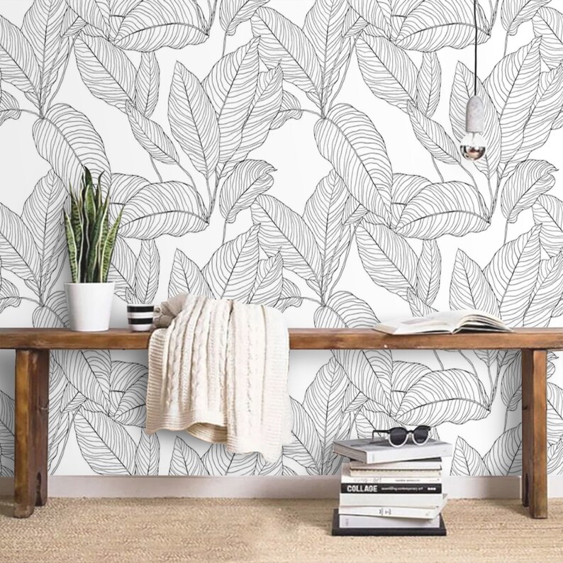 Peel and stick Monochrome Leaves Wallpaper Black and White | Etsy