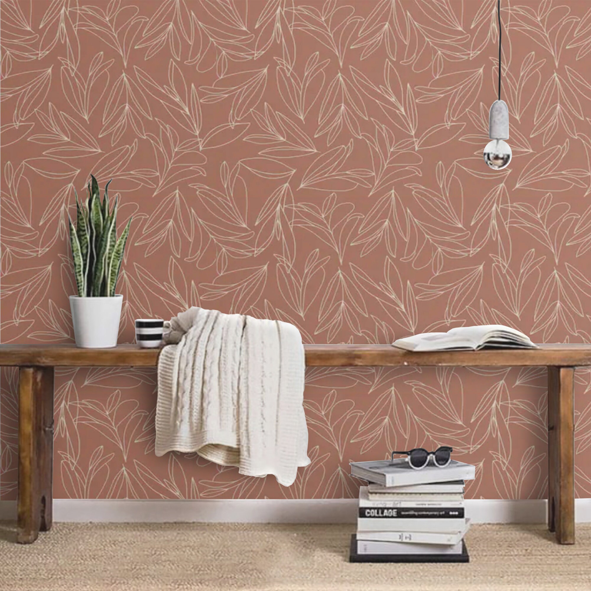 Modern Wallpaper Terracotta Peel and Stick Botanical Wallpaper | Etsy