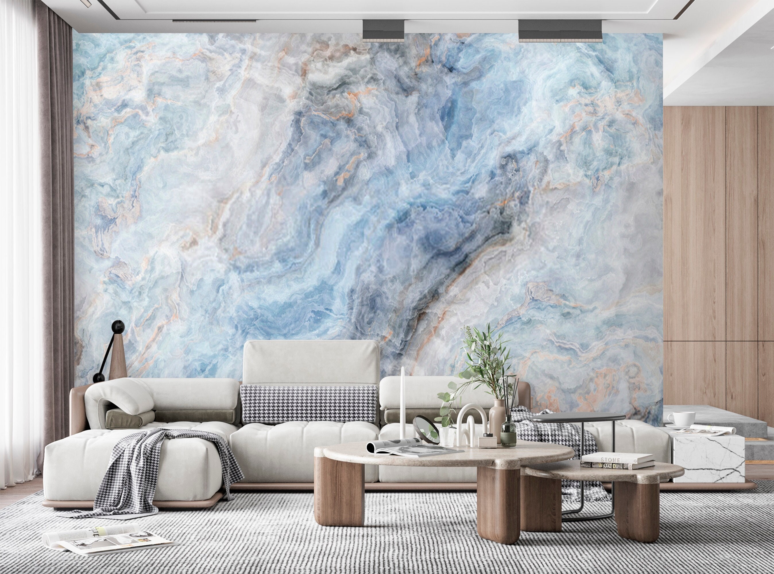 Abstract Blue Wallpaper Mural Marble Stone Peel and Stick Removable or ...