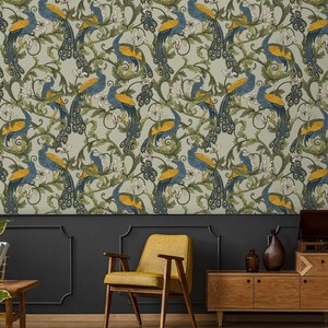 Vintage botanical wallpaper with peacocks Peel and stick or Traditional accent wallpaper