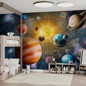 Carta da parati murale spaziale Carta da parati per bambini con pianeti / Carta da parati staccabile e adesiva o Carta da parati decorativa tradizionale per adolescenti